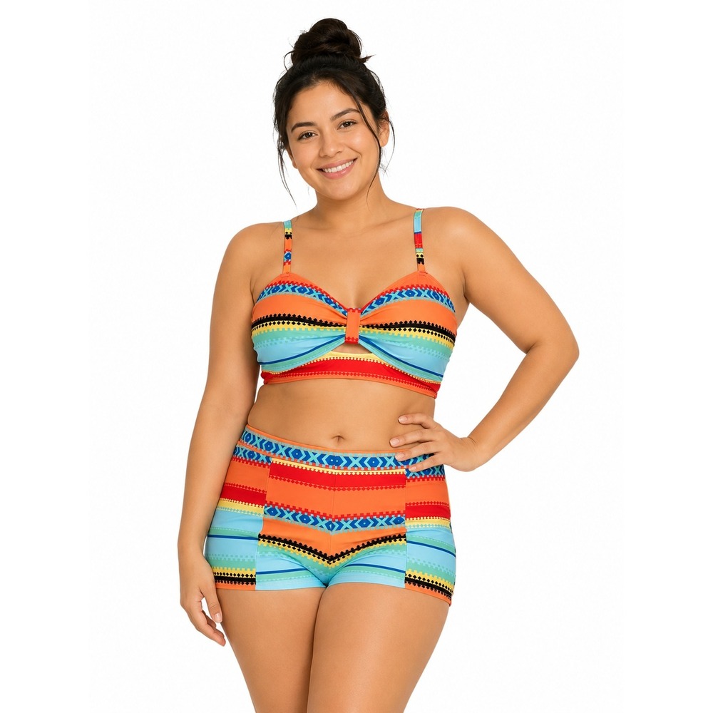 Womens Swimsuit Set Size L Multicolor Aztec Geometric High Waist Keyhole Top NEW